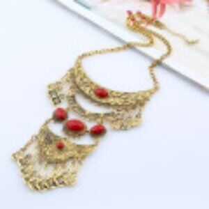 #029 Vintage Long Tassel Gemstone Leaf Necklace Sweater Chain